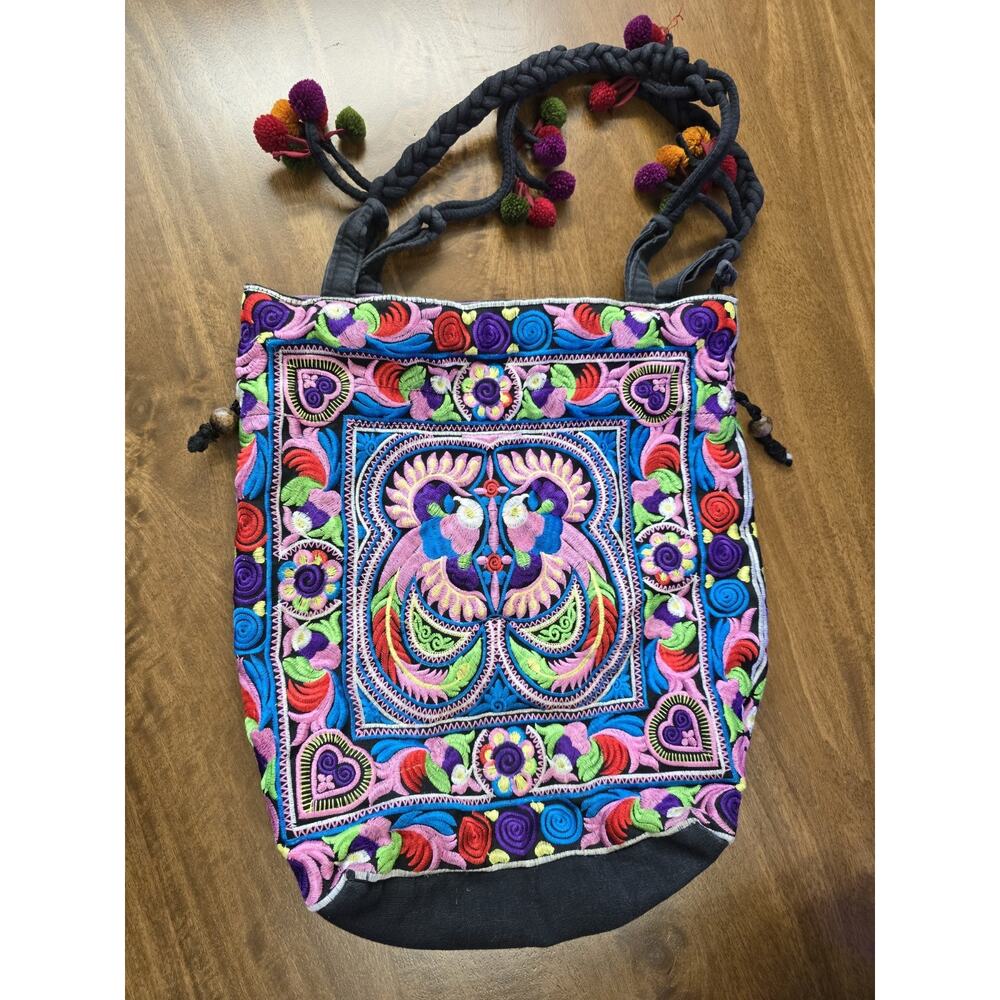 Hmong Embroidered Tote Bag Boho Tribal Ethnic Peacock Shoulder Handbag Thai - Picture 2 of 9